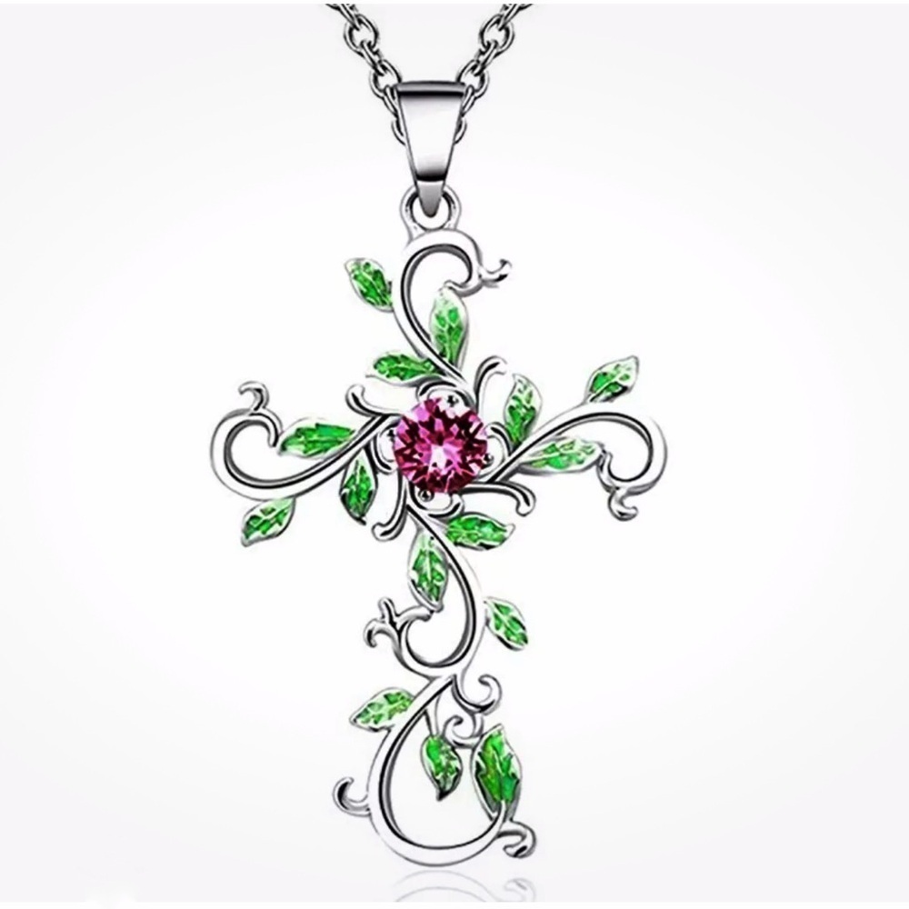Cross Pendant Necklace Religious Jewelry Faceted Ruby Red Stone SilverTone Chain